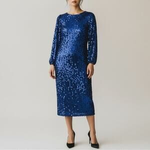 Vintage Oleg Cassini Blue Sequin Backless Cocktail Dress 6 Long Sleeve Festive